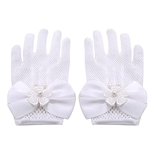 AKOAK 1 Pair Girls Net Bow Lace Pearl Embellished Gloves, Stage Show/Party Supplies/Wedding Flower Girls/Ceremony Coronation Accessories