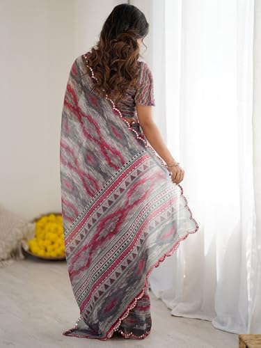 Image of Satrani Women's Georgette Printed & Mirror Work Saree with Unstitched Blouse Piece