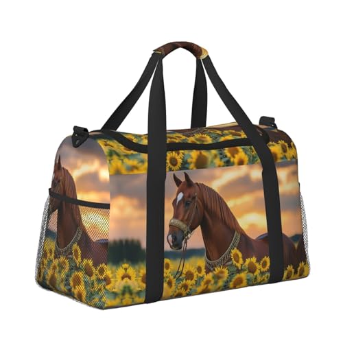 Beautiful Horse Sunflowers Duffle Bag Foldable Travel Tote Bag Carry On Large Weekender Overnight Bags Waterproof Gym Bag For Women Men
