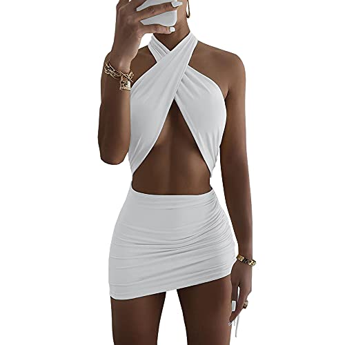 XLLAIS Women s Sexy Halter Neck Tops Side Ruffle Mini Skirts Sets Beachwear (Small,White)