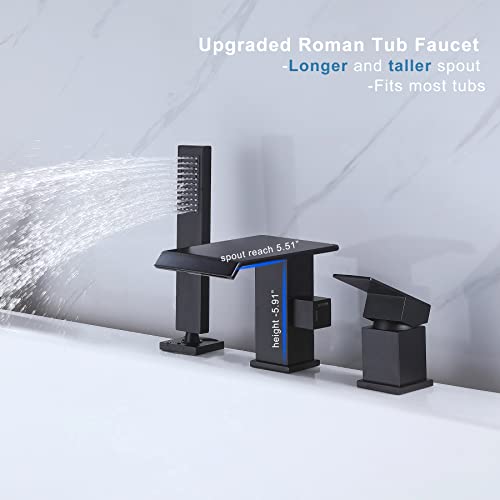 Niitawh Waterfall Roman Tub Faucet With Hand Shower Matte Black High Flow Bathtub Faucet 3 Hole Widespread Tub Filler Deck Mount Solid Brass thumb #1