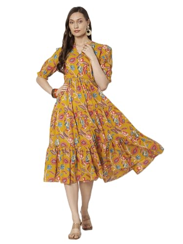 Image of Dress for Women | One Piece for Women | Long Stylish Women Dress Fit & Flare Maxi Dress, Cotton Summer Calf Length Dress