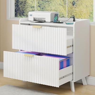 Halitaa Lateral File Cabinet with Charging Station, Modern Fluted 2 Drawer File Cabinet for Letter/Legal/A4 Size Hanging Files, File Storage Cabinets Printer Stand for Home Office, White