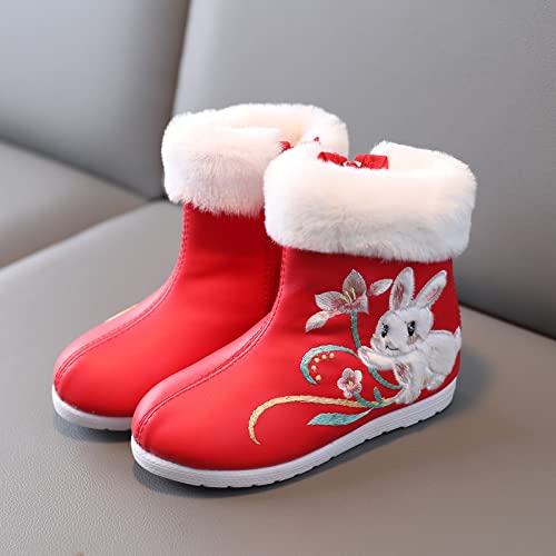 Girls Hanfu Shoes Embroidered Shoes Short Boots Embroidered Shoes Ethnic Style Plus Velvet Boots Toddler Girl (Red, 28)3