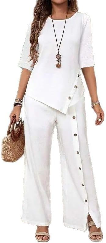 Women's irregular hem top and pants set, fashionable casual loose fit formal wide leg pants two-piece set