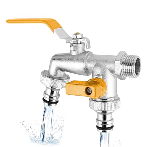Image of TecoKart Garden Tap 1 /2 Inch Brass Hose Splitter, Dual Outlet Outdoor Faucet with 2-Way Valve & Individual Control, Frost-Proof Double Tap for Efficient Water Distribution, Hose Connector Compatible