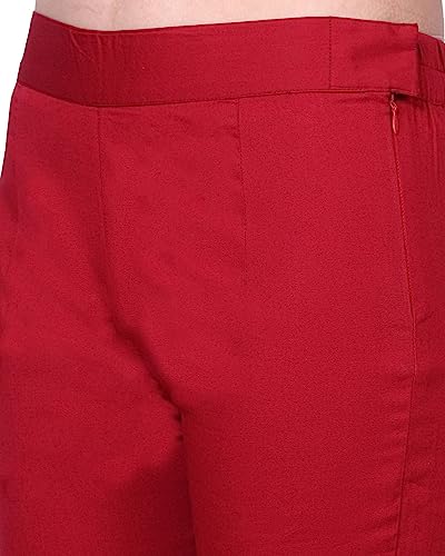 Image of POPWINGS Women Casual Mid Rise Stretchable Red Cotton Trouser