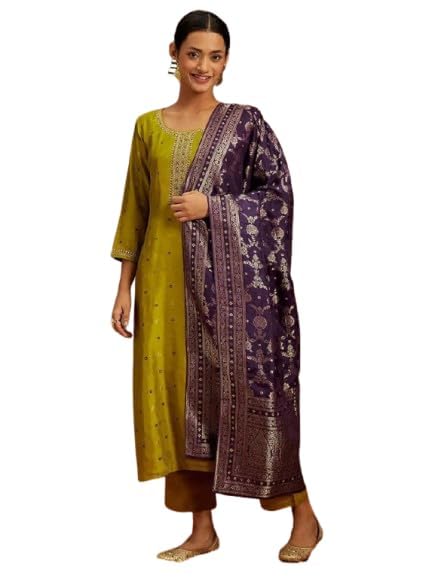 Mustard Swaroski Suit with Purple Banarasi Dupatta, Embroidered Kurta with Palazzo Pants-picture-11