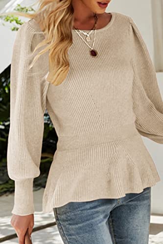 Image of Womens Fall Puff Sleeve Peplum Casual Slim Fit Knit Pullover Sweater Jumper Tops