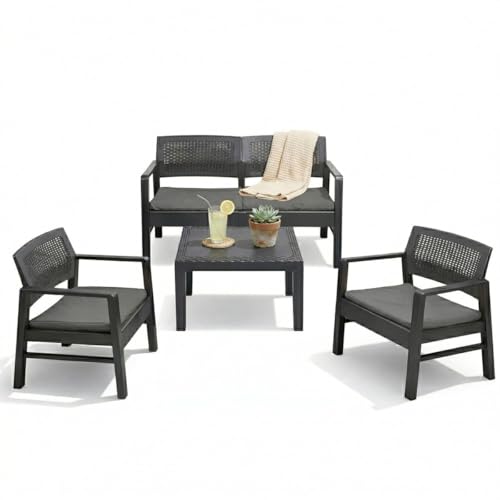 KZ GARDEN - Salon de Jardin Extérieur 4 Personnes Gris Anthracite Canapé 2 Places + 2 fauteuils + Table Basse + 4 Coussins