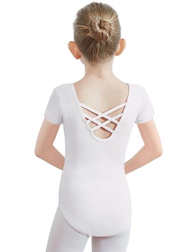 PLIKSUVER Maillot de ballet para niña, camiseta de ballet para niños, manga corta, ballet, gimnasia, body de danza, de algodón, para mujer, niños, negro, blanco, rosa (talla 110-170), Blanco, 140
