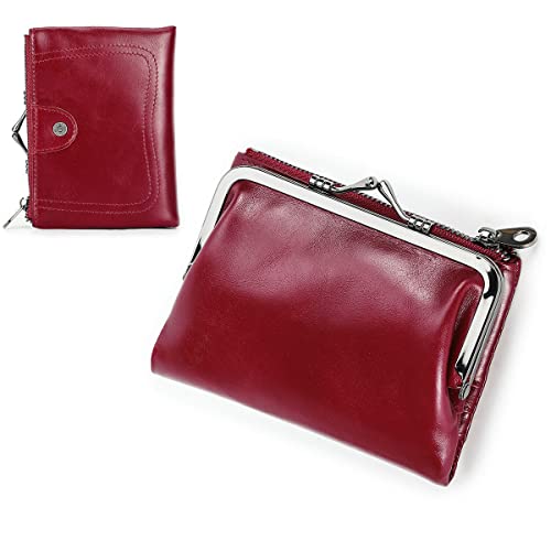 CONTACTS Womens Kiss Lock Wallet Leather Small Zipper Coin Purse Red Bifold Rfid Clasp Wallet Card Holder with Photo Window