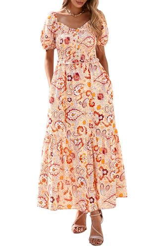 PRETTYGARDEN Womens Summer Dresses 2025 Casual Boho Floral Puff Short Sleeve Flowy Maxi Dress Smocked V Neck Sun Dresses