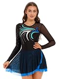 Nyeemya Vestido de Patinaje Artistico Leotardos Danza Maillot con Falda Ballet Mujer Vestido Gimnasia Ritmica de Manga Larga Maillot Competición Disfraz de Bailarina Azul Verde L