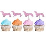 24PCS Dachshund Cupcake Toppers, Puppy Pet Cupcake Toppers, Dog Birthday Cupcake Picks, Dachshund Pet Themed Party Decoration - Pink Glitter