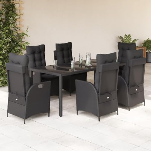 Runheo Conjunto de comedor de jardín con cojines de ratán negro, sillones ajustables, mesa de cristal templado, resistente a los rayos UV, para jardín, terraza, balcón, comedor, 190 x 90 x 75 cm