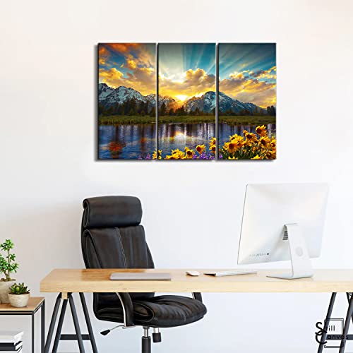 Mountain Landscape Wall Art For Living Room, Grand Teton Sunflower Canvas Wall Decor 3 Piece National Park Picture Artwork 16X32" Large Sunset Nature Photo Painting For Bedroom Kitchen Home Decoration #TOP5