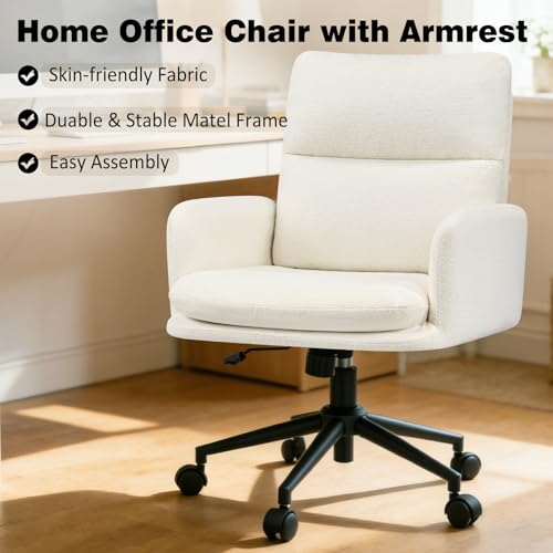Image of Home Office Chair with Plush Curved Back Support, Wide Seat Computer Desk Chair with Rolling Wheels, Swivel Tilt & Height Adjustable, Soft Fabric Upholstery with Sturdy Metal Base, Ivory white