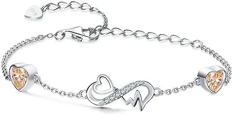 Qings Infinity Heart Birthstone Bracelet 925 Sterling Silver Adjustable ECG Heartbeat 2 Birthstones Bracelets with Sparkling Cubic Zirconia Chain Bracelet, Pretty Birthday Jewelry Gift for Women Girls