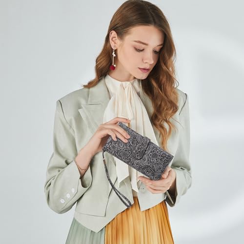 Image of Wristlet Wallet for Women Leather Clutch Purse Trifold Card Holder RFID Blocking Large Capacity Grey