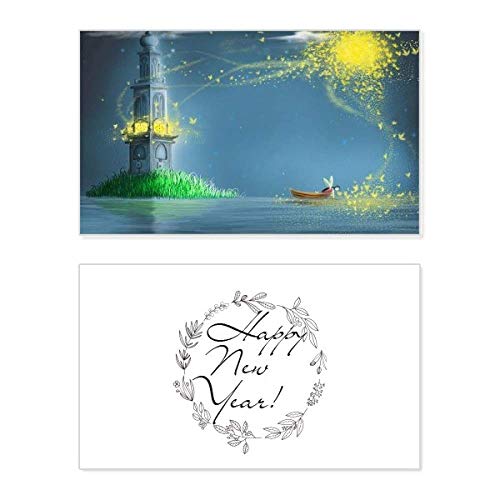 Tarjeta de año nuevo con mensaje de bendición y diseño artístico de pintura de faro