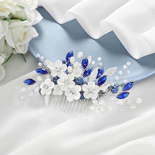 Catery Crystal Bride Wedding Hair Comb Blue Crystal Hair Piece Leaf Ceramic Flower Bridal Side Comb Hair Clips Pearl Headpiece Hair Accessories For Women And Girls #TOP3