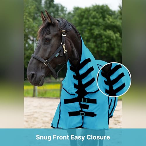 Image of Horse Fly Sheet with Attached Neck Cover & Tail Flap | UV Protection Mesh Horse Blanket, Full Body Bug & Sun Shield, Buckles, Belly Wrap & Gussets for Spring Summer Riding Rug (Turquoise, 80 inch)