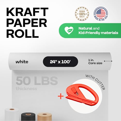 Image of White Kraft Paper Roll 24 inch x 1200 inch (100 feet) with Cutter- USA-Made