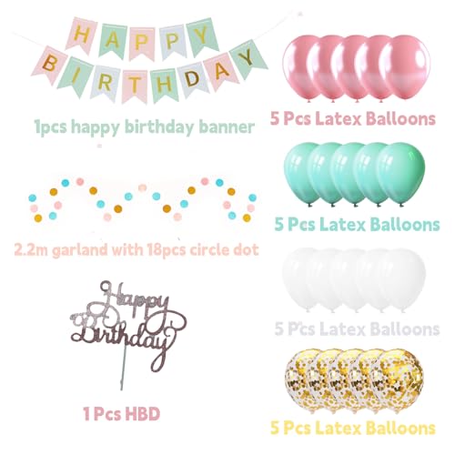 Birthday Decorations for Men Women Pink Green Gold Birthday Party Decorations Set - Happy Birthday Banner, Balloons, Tissue Paper Fans, Round String Garlands for Girls, Women, 18th/21st Birthday Party — view 2
