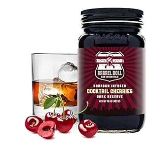 Barrel Roll Bar Essentials Cocktail Cherries – Premium Bourbon-Infused Dark Cherries for Cocktails, Alcoholic Drinks, Cheese Plates, Ice Cream Toppings – Slow-Cooked, USA-Made Garnish – Large 16oz Jar