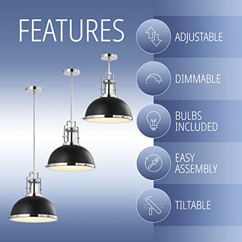 Image of JONATHAN Y Homer Industrial Dome Pendant 13 inch, Black /Chrome | 1-Light, Farmhouse Style, Adjustable Hanging Height, Glass Diffuser, Sloped Ceiling Compatible, Metal, LED Bulb Included