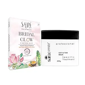 SARA Oxy D-TAN Mask Pack For Instant Tan Removal & Glowing Skin For Men & Women | De-Tan Ideal For All Types of Skin,400 gm + SARA Bridal Glow Facial Kit,41 gm | (Pack of 2)