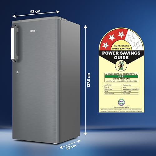 Image of acer 215L 3 Star Direct-Cool Single Door Refrigerator (AiSense, AR215AD3FSHD, Silver Hairline)