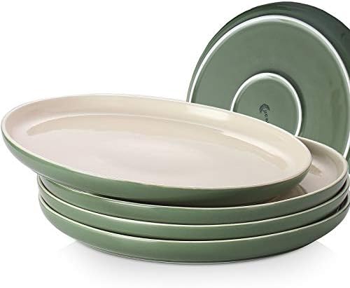 DOWAN Dinner Plates, Porcelain Serving Platter 10 Inches Dessert Salad Plates Set of 4, Ceramic Stackable Dish Set Microwave Safe Serving for Dessert, Salad, Appetizer, Pasta, Bread, Steak, Green-Tea