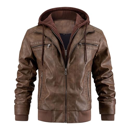 Veste moto vintage homme blouson pu à capuche hiver zippé coupe-vent