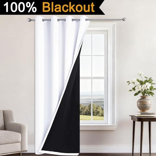 Image of Yakamok Pure White 100% Blackout Curtains 84 Inches Long 52 inch Wide 1 Panel | Blackout Curtain Panels for Bedroom, 2 Thick Layers Grommet Top Thermal Insulated Drapes with Black Liner for Living Room