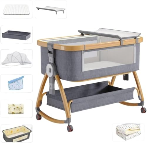 tベビーベッド 添い寝 ゆりかご 新生児ベッド 折りたたみベビーベッド 高さ6段調節可能 キャスタ付き なポータブル移動式ベビーベッド ベビーマットレス、おむつ交換台、収納バスケット、蚊帳、 涼しいシーツ、枕、ベッドガード、布団付きで、生後すぐの新生児から