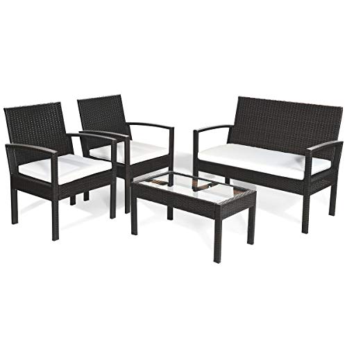 Image of Carry Bird 4 Piece PE Wicker Rattan Outdoor Furniture | 4 Seater Balcony Sofa With Tea Table | Set of 2+1+1 Outdoor Patio Chairs with Coffee Table | Sofa Sets & Center Table for Home & Garden | 3 Piece Patio Stools with Table | Indoor Patio Furniture Set Space Saving | Rattan Chair | Patio Set | Wicker Conversation Set | Poolside Lawn Arm Chairs Set For Balcony & Terrace | Balcony Table chair Set | Hotel Patio Seating Chair & Table Set with Glass | Brown Sofa White Cushion