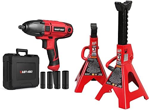 Eastvolt Electric Impact Wrench, 1/2 Inch with Hog Ring Anvil, Heavy Duty 7.5 Amp Corded 450 Ft.lbs Max Torque & BIG RED T43202 Torin Steel Jack Stands: 3 Ton (6,000 lb) Capacity, Red, 1 Pair