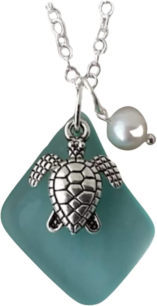 Yinahawaii Handmade Sea Glass Necklace, Hawaiian Jewelry For Women, Aquamarine Necklace Aqua Green Necklace, Turtle Pearl Charm, Sea Glass Jewelry For Women, Birthday Gift (March Birthstone)