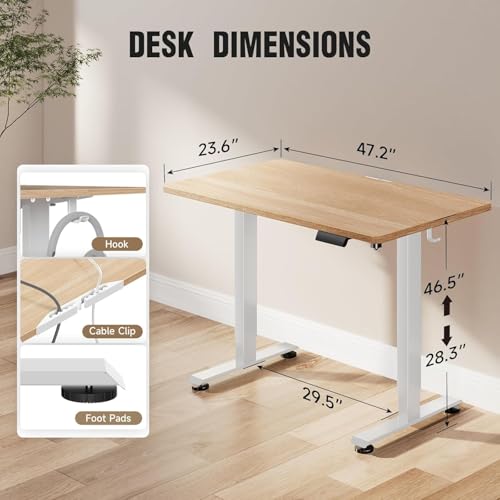 Image of Veken 47.2 Inch Electric Standing Desk, Height Adjustable Sit Stand Up, Wood Desktop, Work Home Office Computer PC Desks, Gaming Writing Study Bedroom Rising Table, Nature