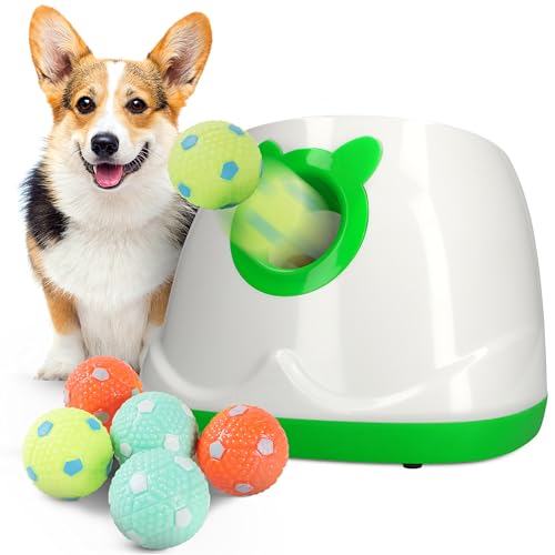 THE THOUGHTS OF FUN CO. Automatic Dog Ball Launcher Dog Fetch Machine for Small to Medium Sized Dogs,3 Launch Distances, Ball Launcher for Dogs with 6 Latex Balls, Dual Power Supply