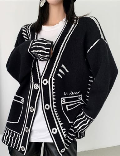 Image of Women Print Graffiti Unique Cardigan Sweater Y2k Fake Pocket Long Sleeve Button Up Open Front Knit Sweaters Coat