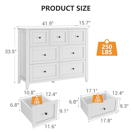 GarveeHome White 7 Chest of Drawer Dresser, Modern Storage Cabinet, Wood Organizer TV Stand for 48 inch TV, Bedroom, Living Room, Entryway
