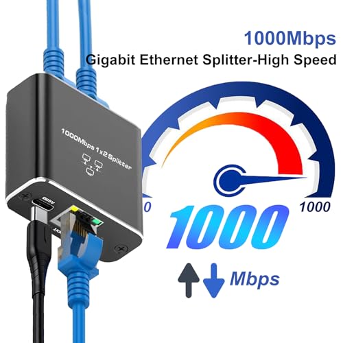 Image of Pushua Gigabit Ethernet Splitter 1 to 2 High Speed, 1000Mbps Internet Splitter 1 in 2 Out, LAN with USB Power Cable, RJ45 for Cat5 /5e /6 /7 /8 Cable(2 Devices Simultaneously Networking)