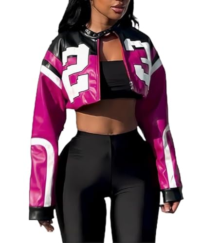 VOIKERDR Leather Jacket Cropped Jacket Motorcycle Jacket Y2K Letter Bomber
