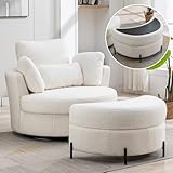 Aoiy & Wifon 42.2' W Oversized Swivel Barrel Chair with Ottoman, Upholstered Round Accent Chair with Storage Ottoman, Sherpa, Ivory