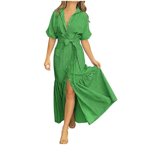 HGps8w Women's Belted Waist Summer Striped Lapel Maxi Dress, Loose