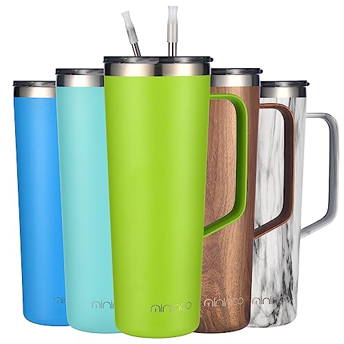 mininoo 24 oz Tumbler with Handle, Insulated Travel Coffee Mug with Lid and Straws, Stainless Steel Coffee Tumbler Leak-proof (Lemon) 24 Ounces 24 oz Lemon