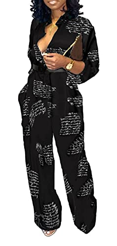 Yiershu Work Jumpsuit For Women Casual V Neck Long Sleeve Printed Jumpsuits Elegant Buckle Ziper Long Pants Rompers Straight Club Outfits(Black,X-Large) #TOP16